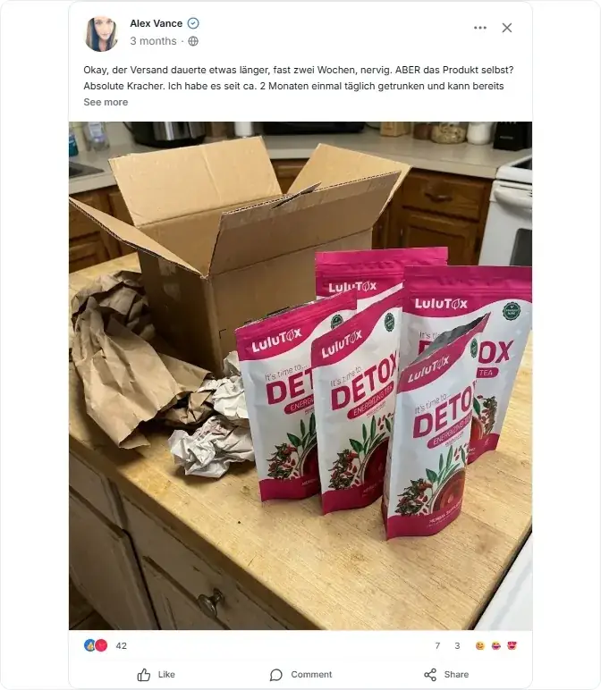 Lulutox Detox Tee Facebook Bewertungen