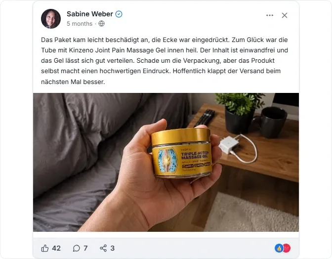 Kinzeno Joint Pain Gel Facebook Bewertungen